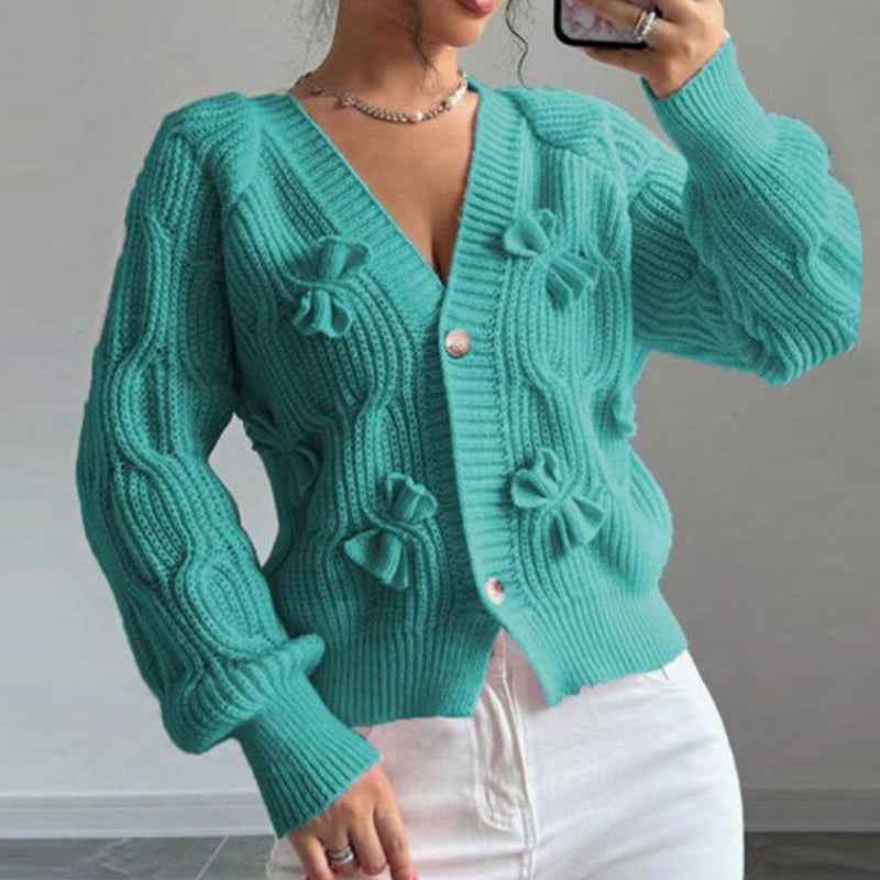 Women's Bow Cropped Cardigan - Long Sleeve V-Neck Button Down Knit Sweater Top