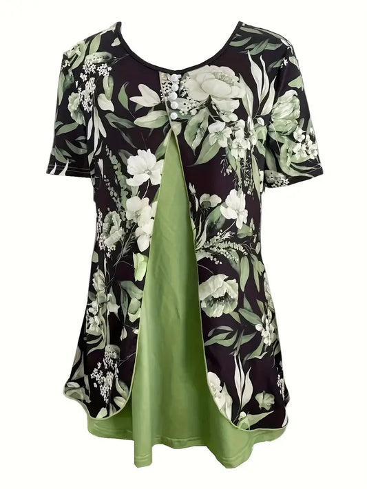 Summer New Short-sleeved Printed Fake Two-piece T-shirt V-neck Fashion Spike Top