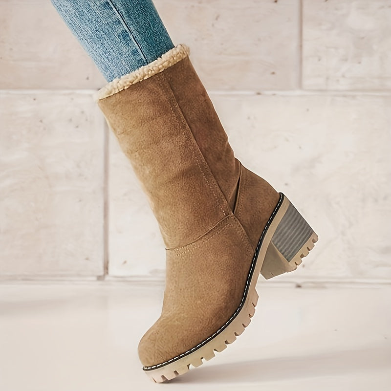 Elegant Winter Appeal: Women’s Slip-On Faux Fur Lined Boots, Round Toe Comfort with Stable Block Heel - Ideal for Versatile Styling