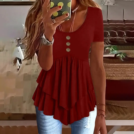 Women's Solid Color Button Front Tunic Top Casual Loose Fit Crew Neck Summer Blouse T-Shirt