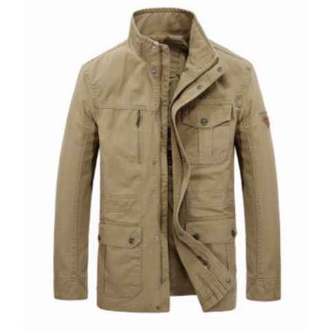 Men's Stand Collar Mid-length Multi-pocket Casual Jacket
