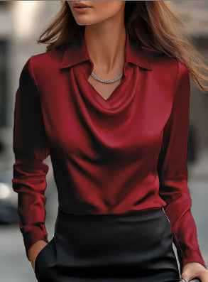 Women's Swing Collar Draped Shirts & Blouses Elegant Solid Satin Office Ladies Top Pullover Spring Long Sleeve Casual Tops