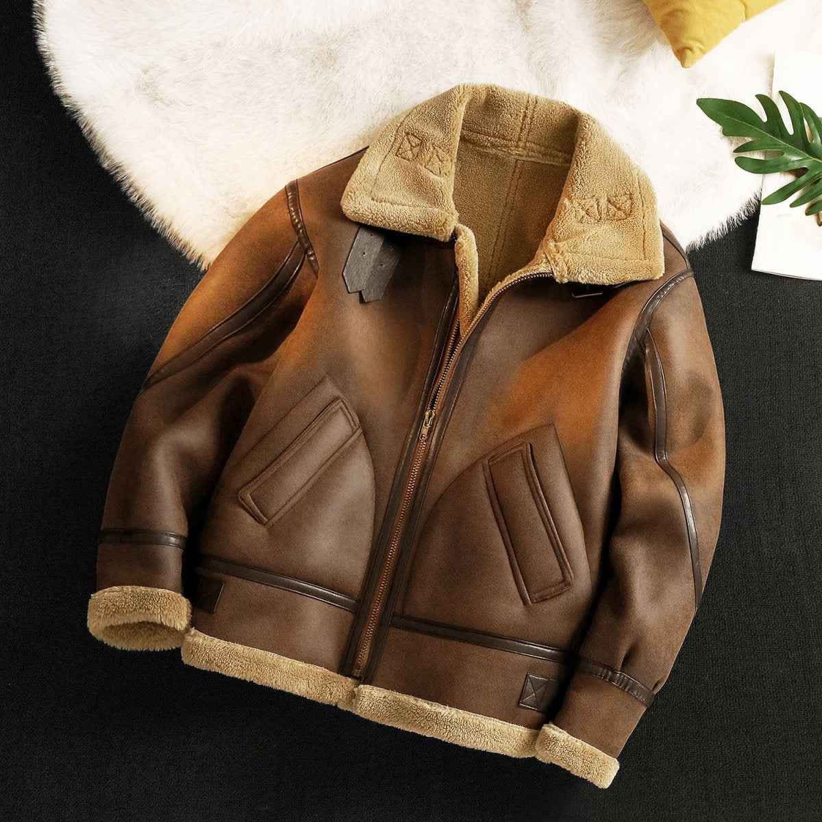 Men's Autumn Winter Thicken Pu Leather Lamb Wool Jacket