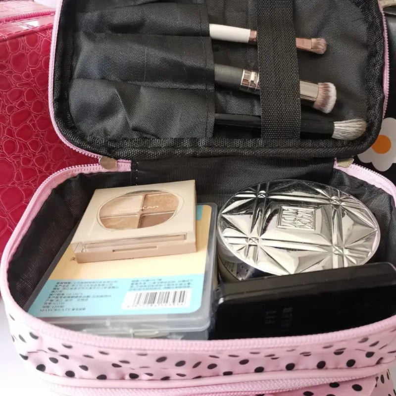 Stylish Double Layer Polka Dot Makeup Bag with Handle & Brush Holder, Compact Toiletry Organizer for Women’s Travel & Beauty E - AMULET RING STORE