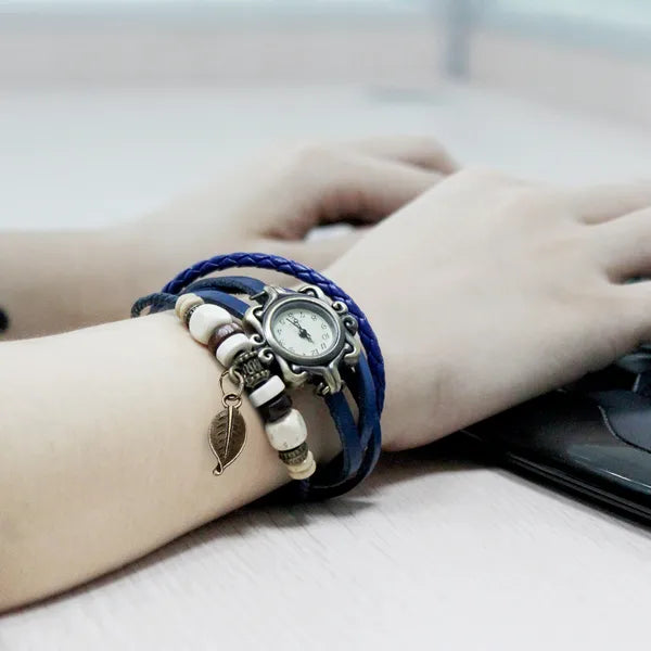 Beautiful Bohemian Style Retro Handmade Leather Tree Leaf Women's Watches Blue