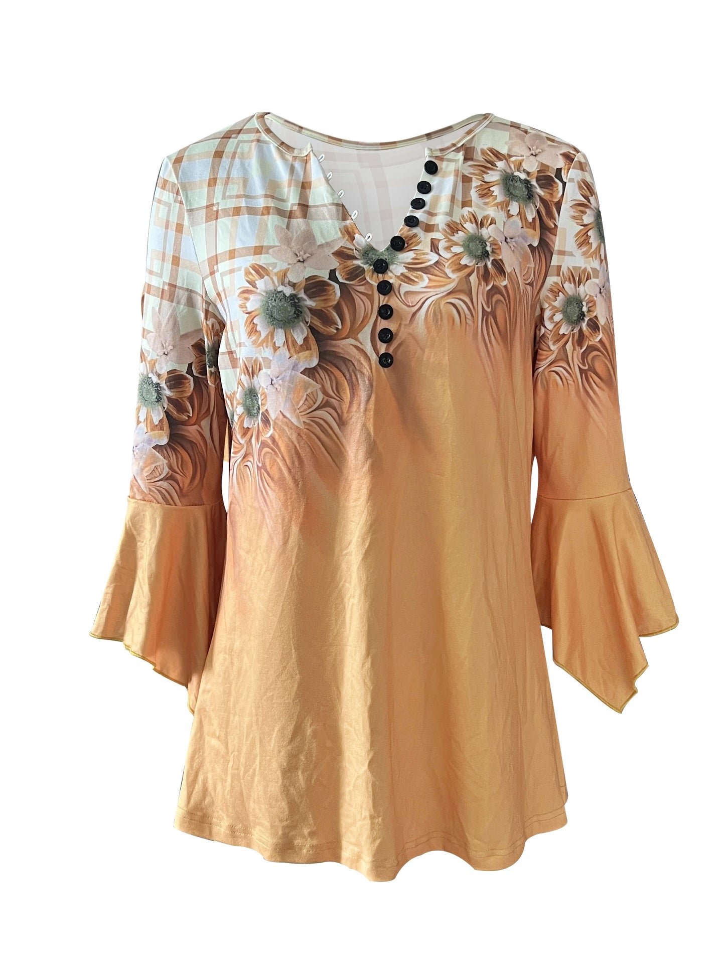 Spring And Autumn New Printed Spike Button Irregular Three-quarter Sleeve T-shirt Casual Top Yellow