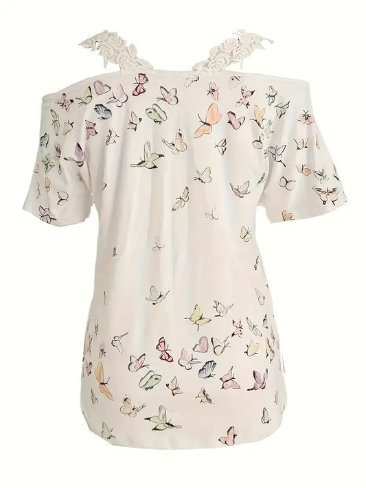 Spring Summer New Butterfly Print V-neck T-shirt Lace Casual Off-the-shoulder Short-sleeved Top