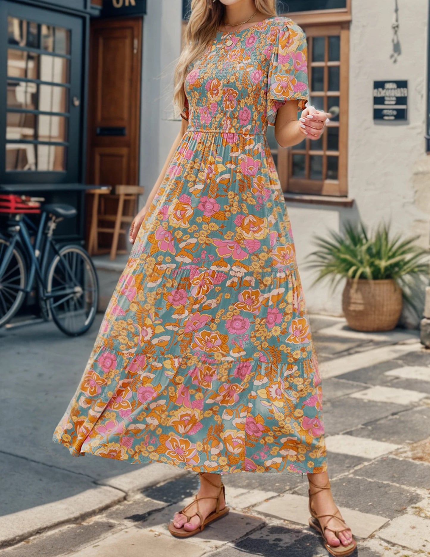 Casual Pastoral Style Floral Print Dress Long, Crewneck Short Sleeves High Waist Wide Ruffle Hem, Woman's Clothing