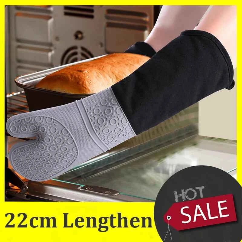 Lengthen Cotton Silicone Gloves Candy Color Heat Resistant Gloves Microwave Oven Mitts Non-Slip Pot Holders for Kitchen Baking