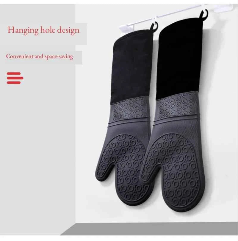 Lengthen Cotton Silicone Gloves Candy Color Heat Resistant Gloves Microwave Oven Mitts Non-Slip Pot Holders for Kitchen Baking