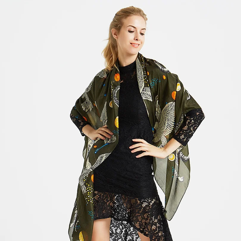 Brand Beige Cartoon Cat 100% Silk Scarf Shawl Bufanda Women Spring Fall Fashion Large Size Winter Long Scarves Bufanda 180*110cm