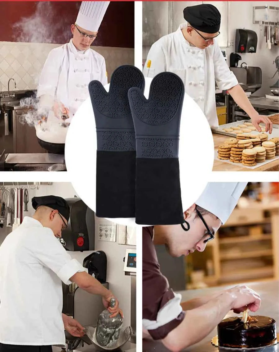 Lengthen Cotton Silicone Gloves Candy Color Heat Resistant Gloves Microwave Oven Mitts Non-Slip Pot Holders for Kitchen Baking