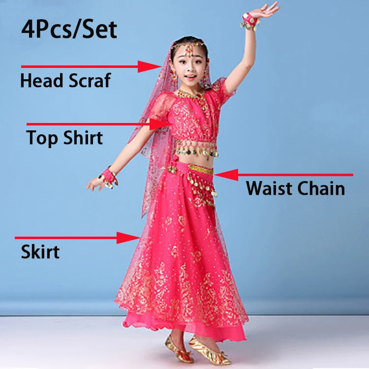 Children Indian Belly Dance Costume Girl Dress Bollywood Belly Dance 4Pcs/Set Performance Kids With Coins Accessories