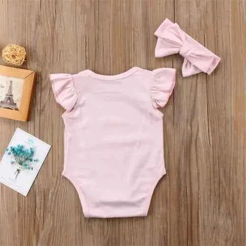 Newborn Clothes Baby Girls Letter Print O-neck Bodysuit + Bow Headband Kids 2pc Set Toddler Girl Cotton Sleeveless Ruffle Outfit - AMULET RING STORE