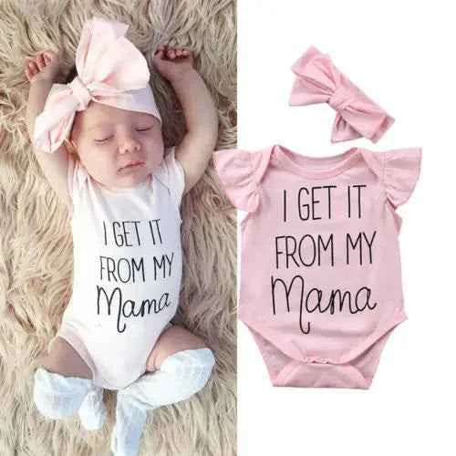 Newborn Clothes Baby Girls Letter Print O-neck Bodysuit + Bow Headband Kids 2pc Set Toddler Girl Cotton Sleeveless Ruffle Outfit - AMULET RING STORE