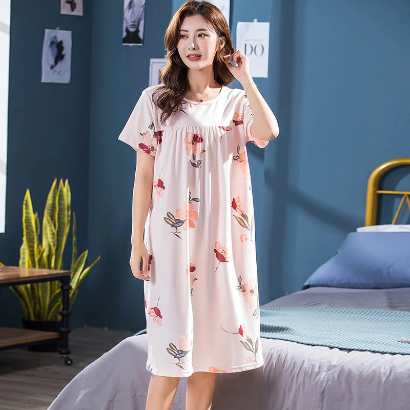 2025 Summer Small Floral Night Dress Women Nightgown Big Yards 3XL Sleepshirts Short-sleeves Nightie Nightdress Cotton Sleepwear