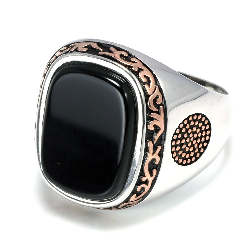 Real Pure Mens Rings Silver s925 Retro Vintage Turkish Rings For Men With Natural Black Onyx Stones Turkey Jewelry