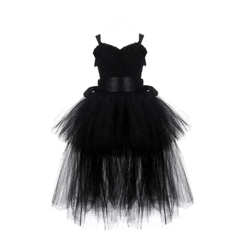 Girls Pink Black Tutu Dress V-neck Train Girl Evening Birthday Party Tulle Dresses Girl Ball Gown Dress Kids Halloween Costumes