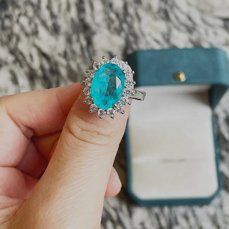 Cellacityi Luxury Paraiba Tourmaline Ring Sterling Silver Oval shape Finger Rings for Women Sterling Silver Fine Jewelry