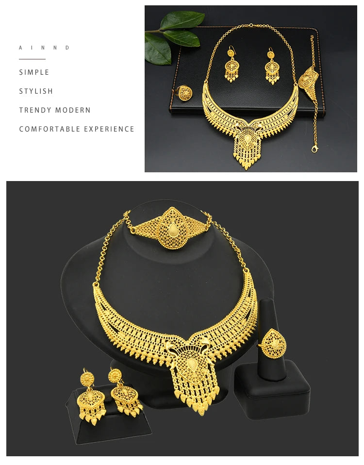 ANIID Dubai Plated Jewelry Set For Women Indian Earring and Necklace Nigeria Moroccan Bridal Accessorie Wedding Bracelet Gifts
