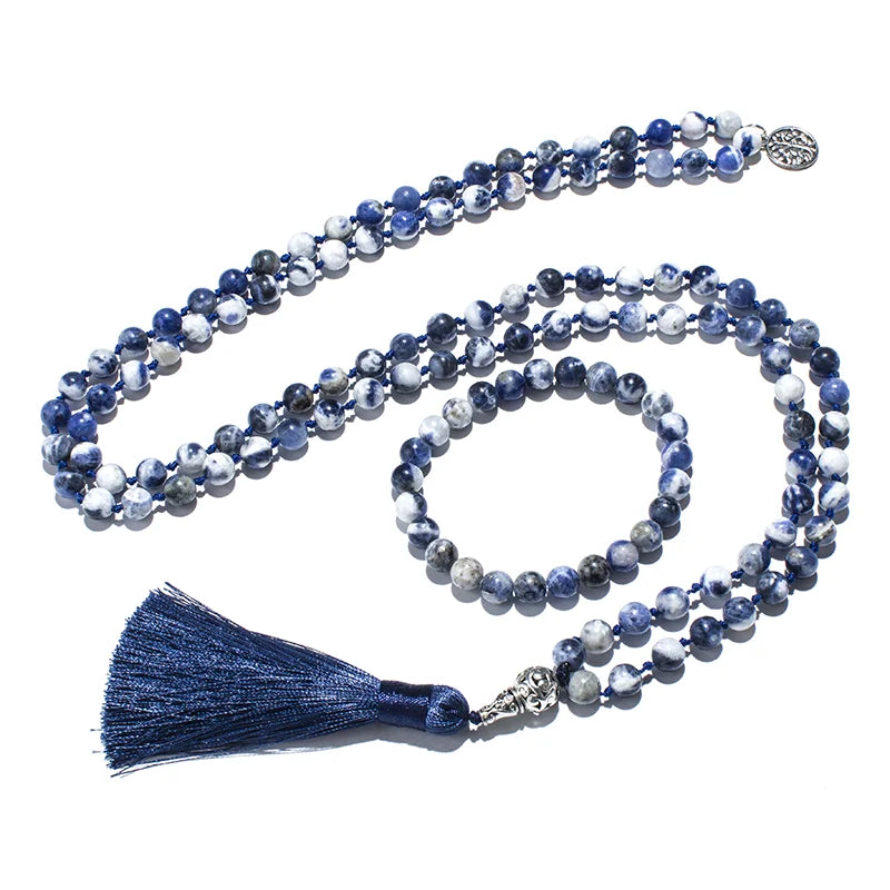 8mm Natural Flower Blue Sodalite Beaded Knotted Mala Necklace 108Japamala Meditation Yoga Spirit Jewelry Men and Women Rosary