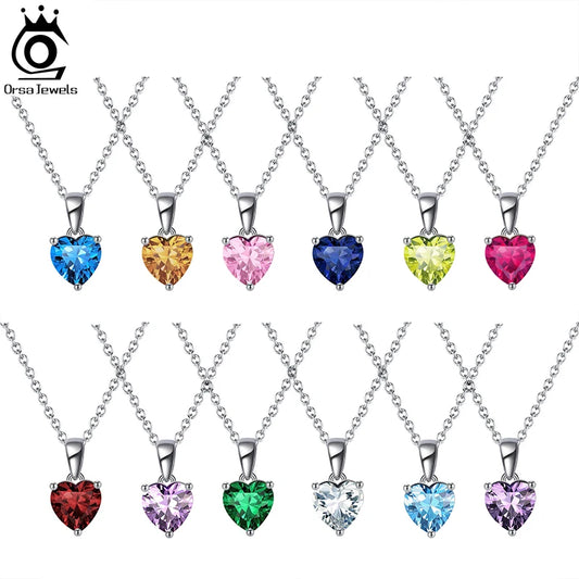 ORSA JEWELS 925 Sterling Silver 12 Color Heart Shaped Birthstone Pendant Necklace Woman Girl's Lucky Birthday Jewelry Gift APN02