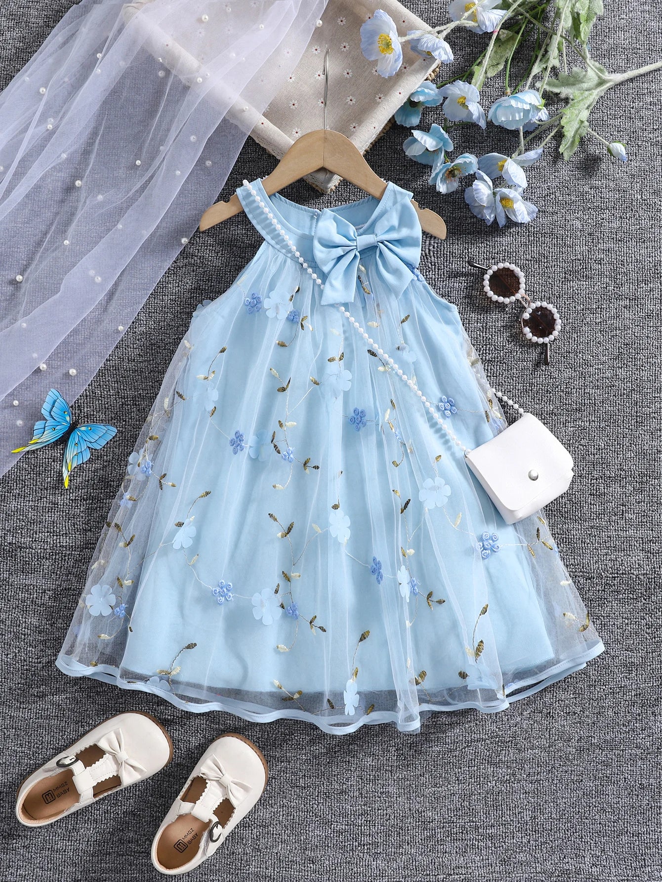 Girls summer fashion lady three-dimensional flower mesh bow decorative halter dress with bag