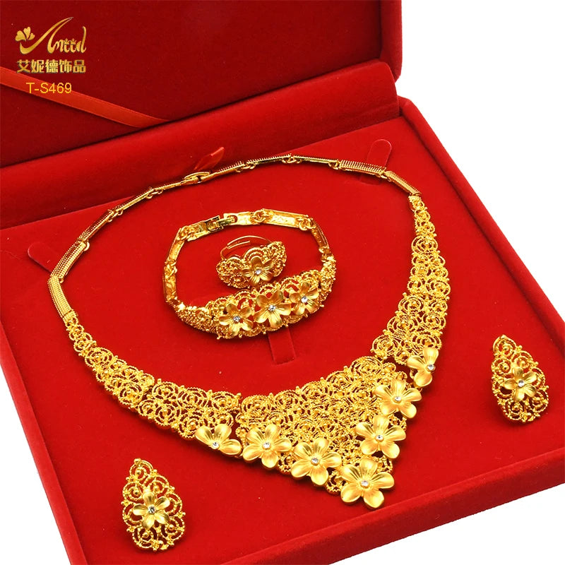 ANIID Dubai Plated Jewelry Set For Women Indian Earring and Necklace Nigeria Moroccan Bridal Accessorie Wedding Bracelet Gifts