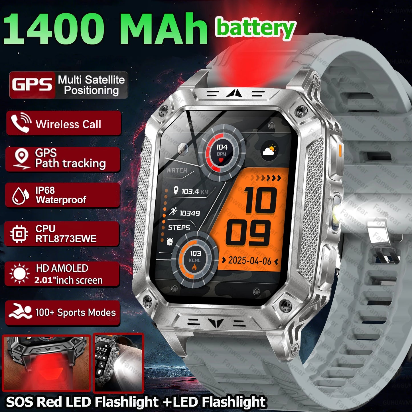 Robust military smart watch 1400Mah battery fitness tracking 10ATM waterproof tactical sports flashlight men's phone watch
