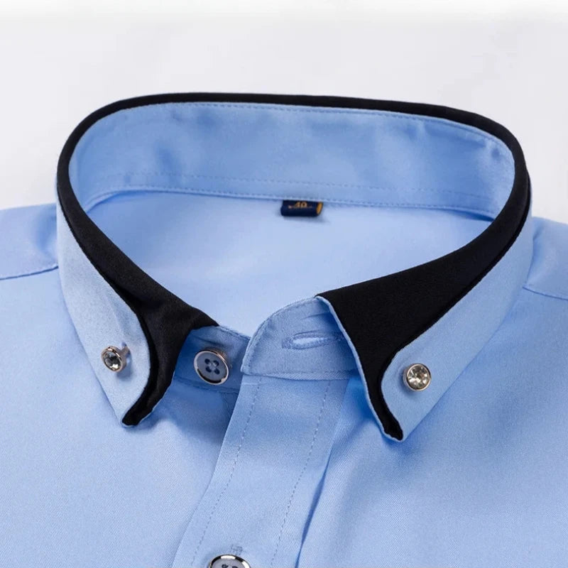 4XL Stand Up Collar Long Sleeve Shirt for Men Social Camisa Anti-wrinkle Pockets with Diamond Button Down White Shirt Black Blue