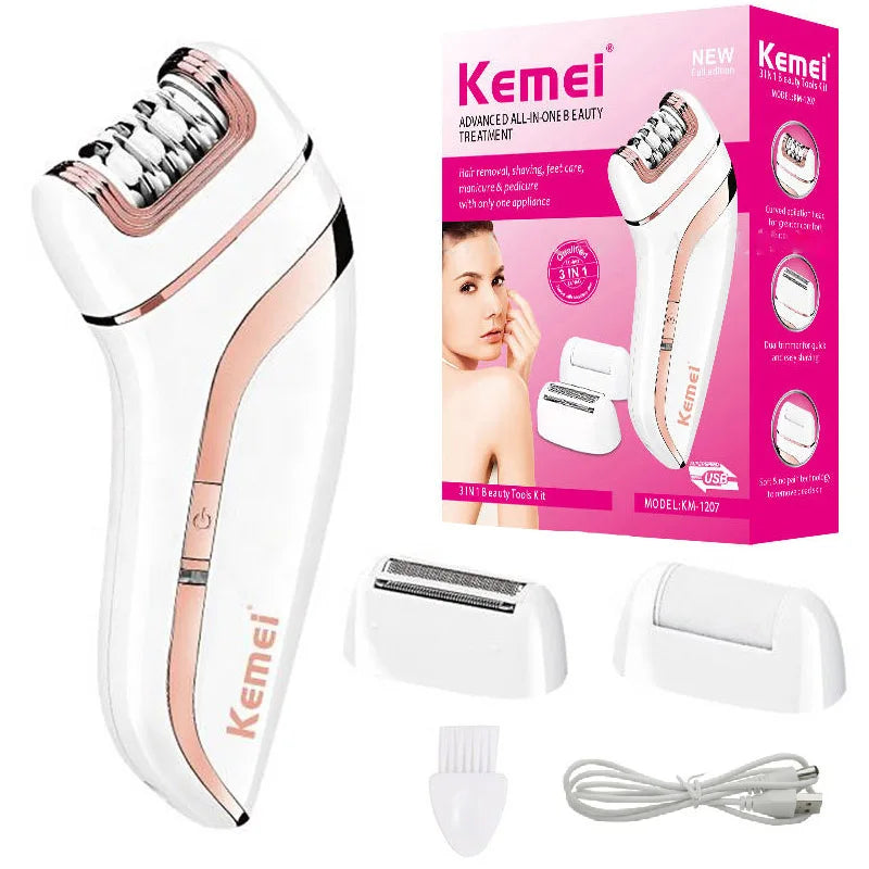 Original Kemei 3in1 Epilator Electric Epilator Facial Body Ladies Legs Bikini Legs Arms Underarm Epilator Rechargeable.