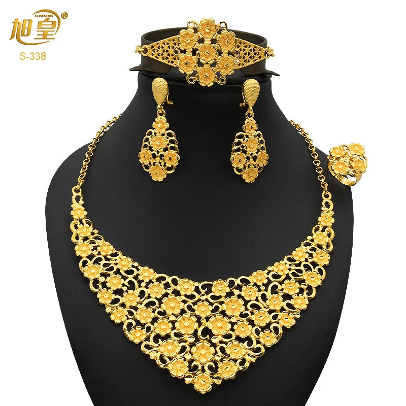 France Luxury 24k Gold Color Jewelry Set For Women Dubai Bridal Wedding Necklace And Earrings Set African Choker Party Gifts
