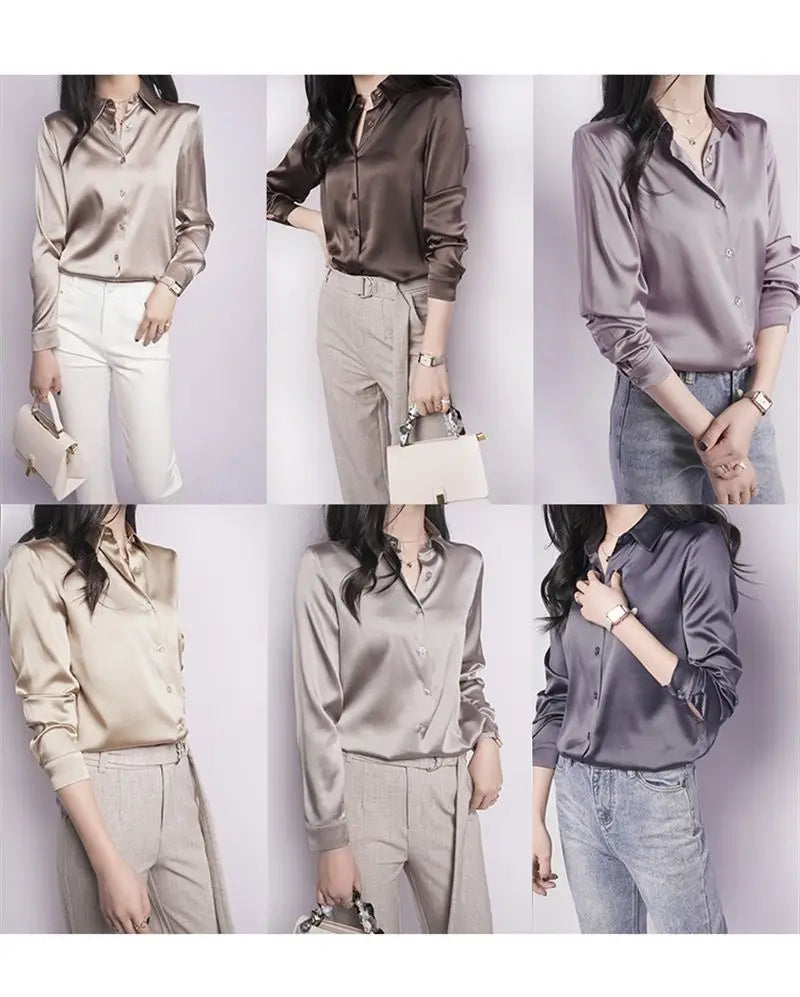 Spring Summer Casual Women's Satin Shirt Lapel Long Sleeve Blouse Loose Solid Color Office Lady Fashion Shirts Top