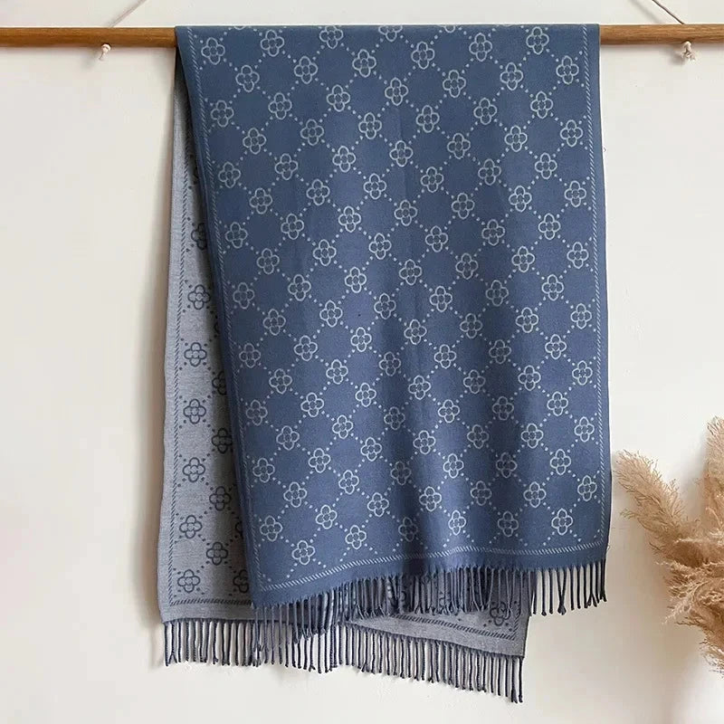 Women's Four Leaf Flower Shawl Core Spun Yarn Imitation Cashmere Tassel Warm Scarf Air Conditioning Shawl Scarf Autumn Winter
