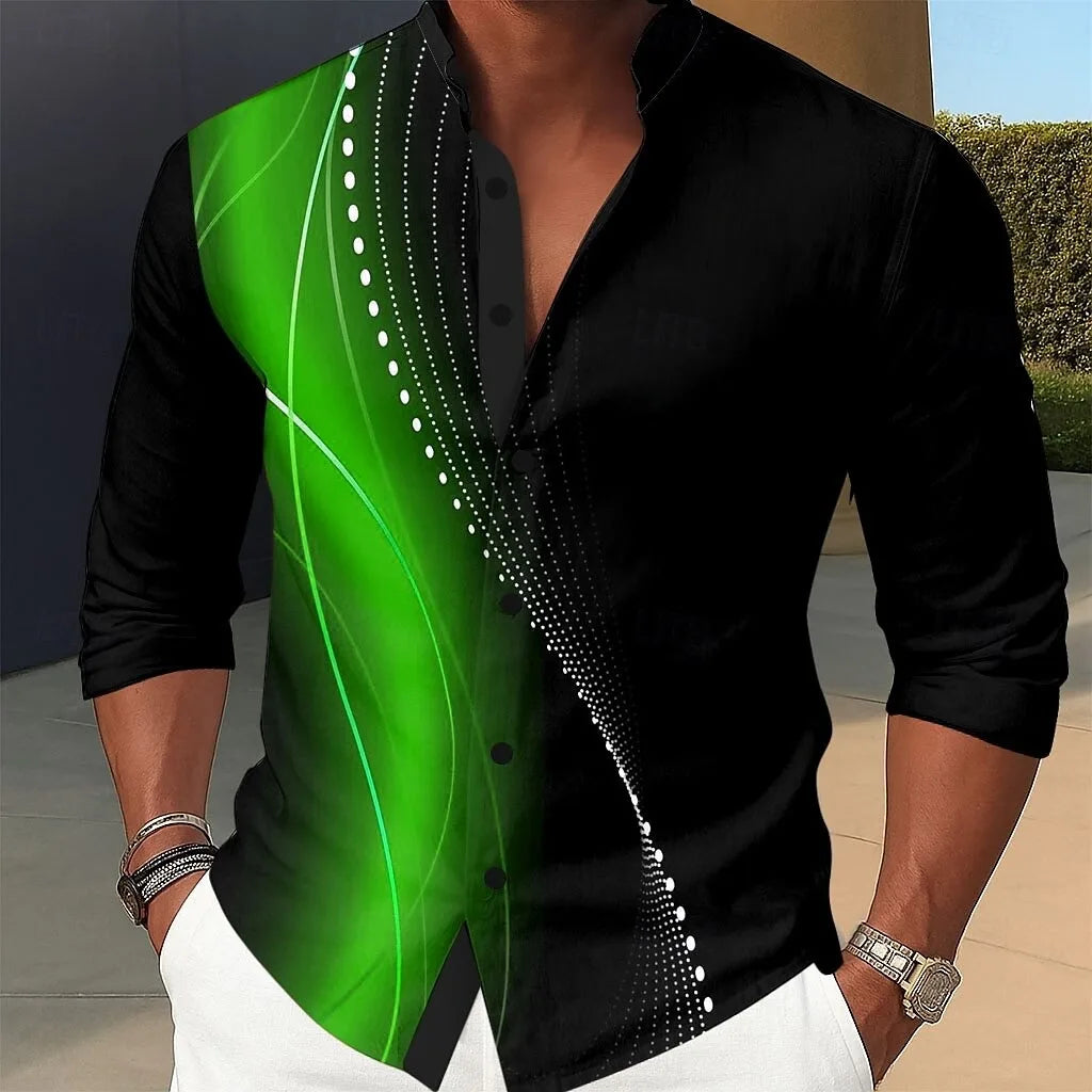 Men's Long Sleeve Geometric Lines Shirt Gradient Color Button Short Sleeve Casual Fashion 3D Printed Flap Collar Shirt