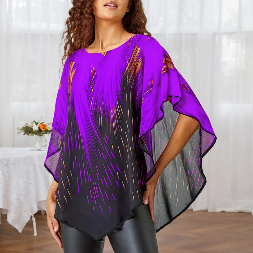 Plus Size Women's Aurora Printed Gauze Cloak Sleeve Blouse Tunic Tops Ladies Summer Casual Loose T Shirts Tee XL 2XL 3XL 4XL 5XL