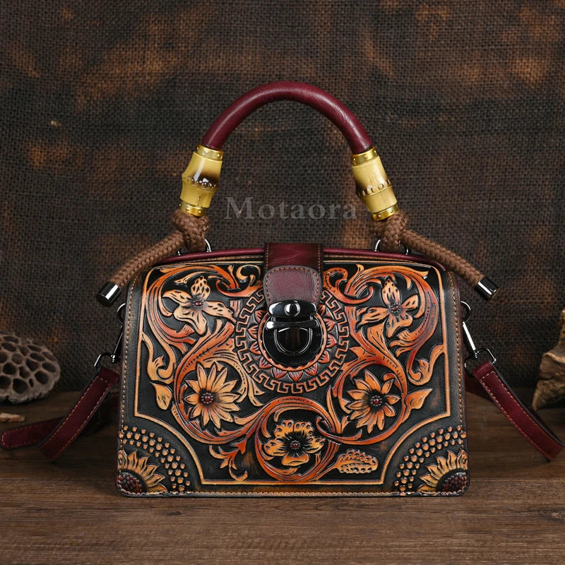 Motaora New Embossed Shoulder Bag For Women's 2025 Vintage Handmade Handbag Female PU Leather Big Capacity Crossbody Bags Purse