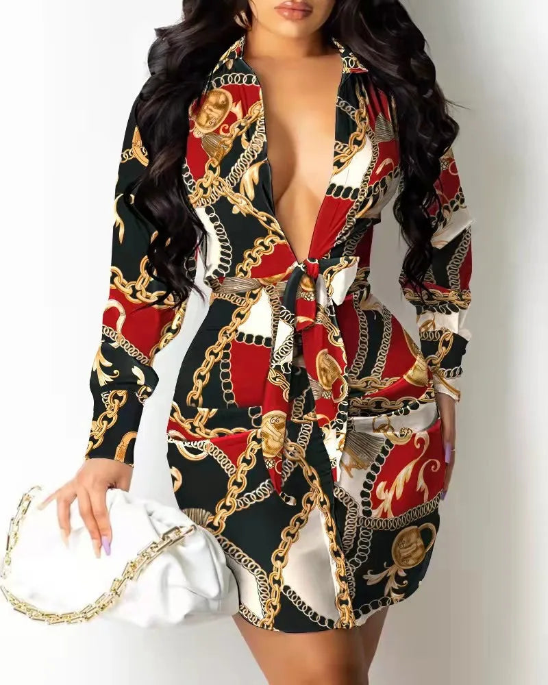 2023 New Women's Professional Style Office Wrap Hip Elegant Dress Lapel Waist Tie Long Sleeve Mid Length Pullover Shirt Dress - AMULET RING STORE