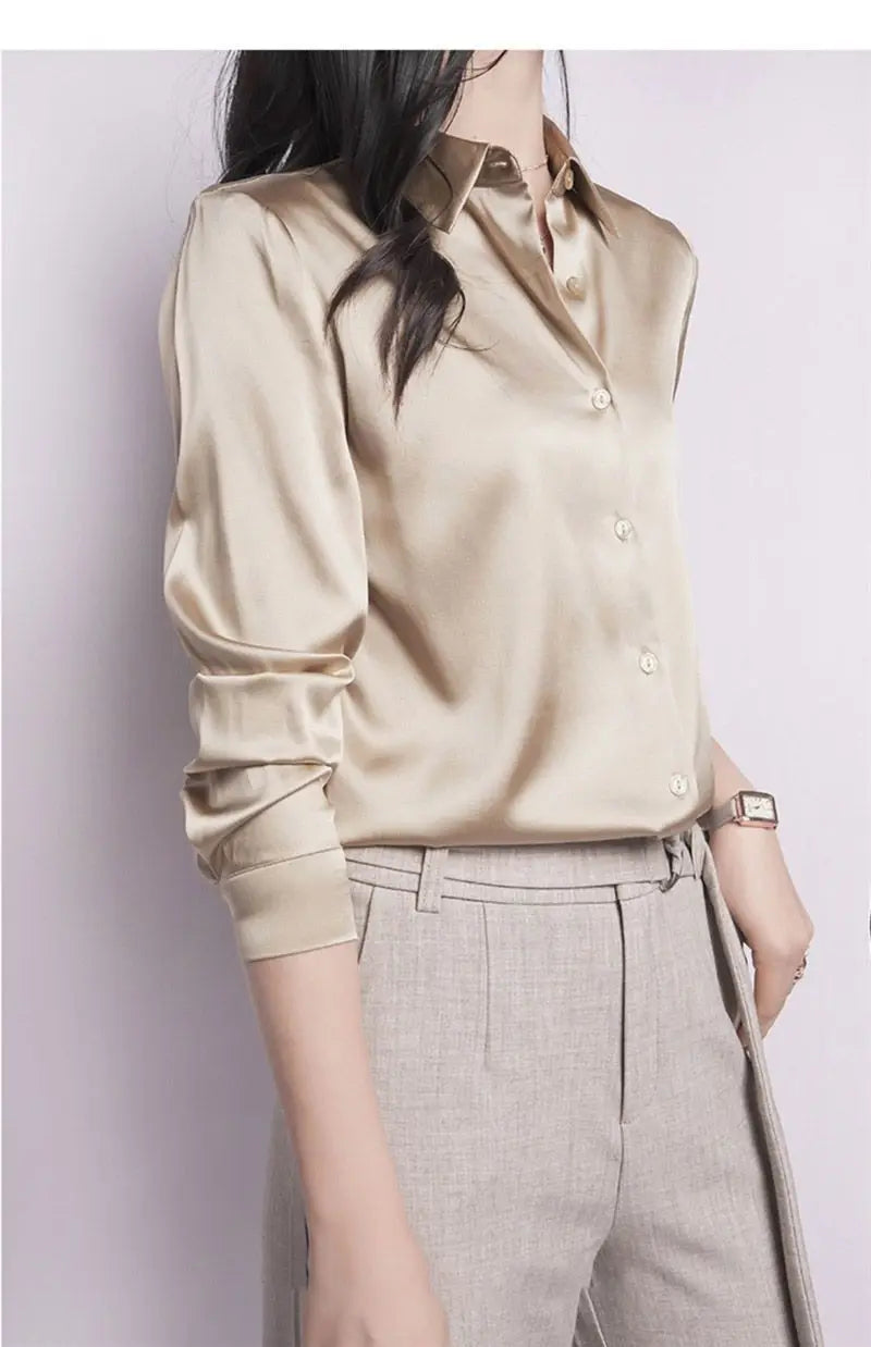 Spring Summer Casual Women's Satin Shirt Lapel Long Sleeve Blouse Loose Solid Color Office Lady Fashion Shirts Top