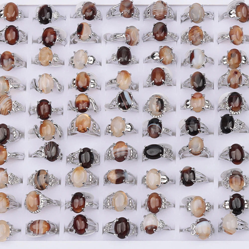 20Pieces/Lot Grey Agate Amethyst Natural Stone Finger Rings For Women Bohemia Mix Styles Wholesale Party Gifts