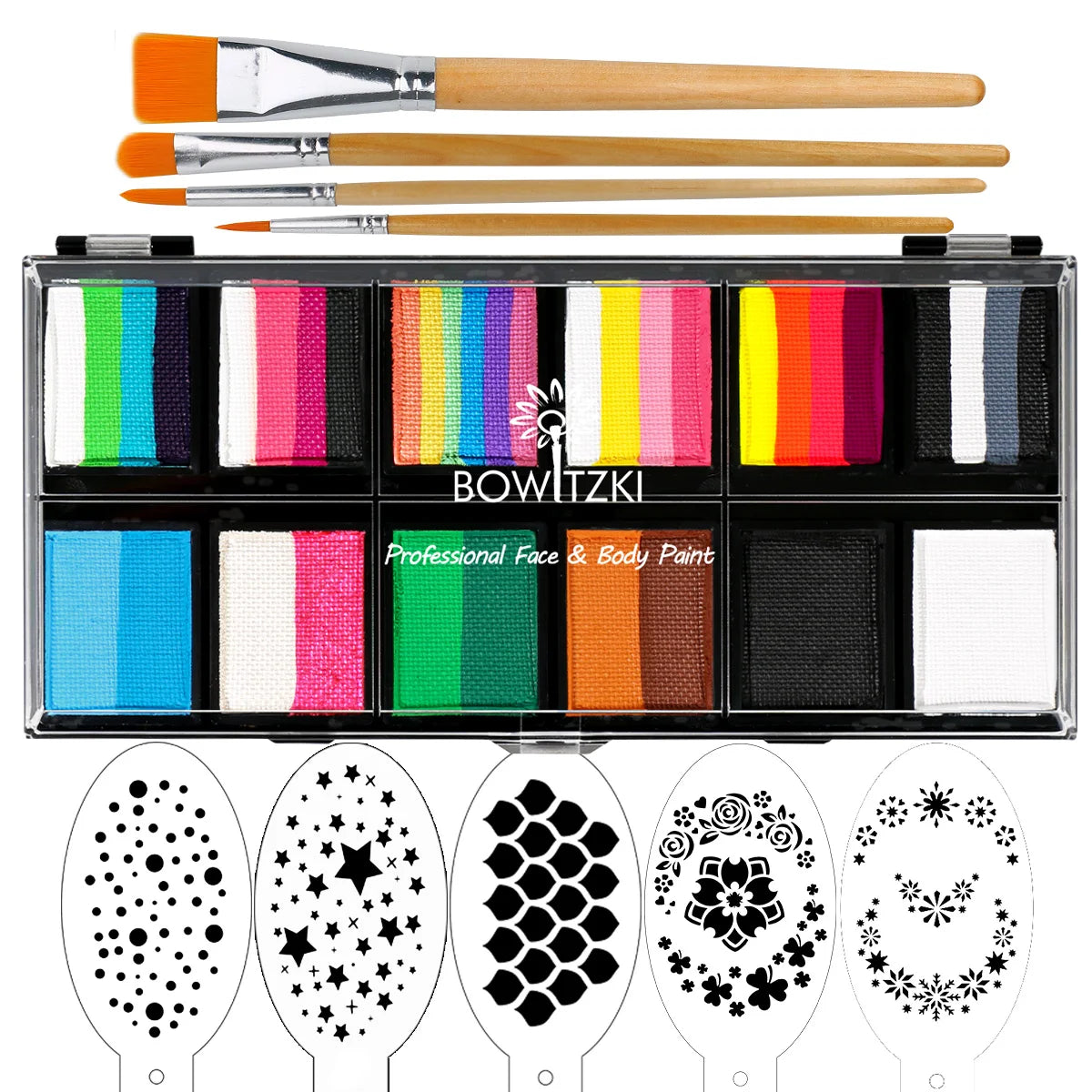 Bowitzki Face Paint 12x10gm Professional Body Paint Kit For Kids Adults Stencil One Stroke Split Cake Rainbow Makeup - AMULET RING STORE