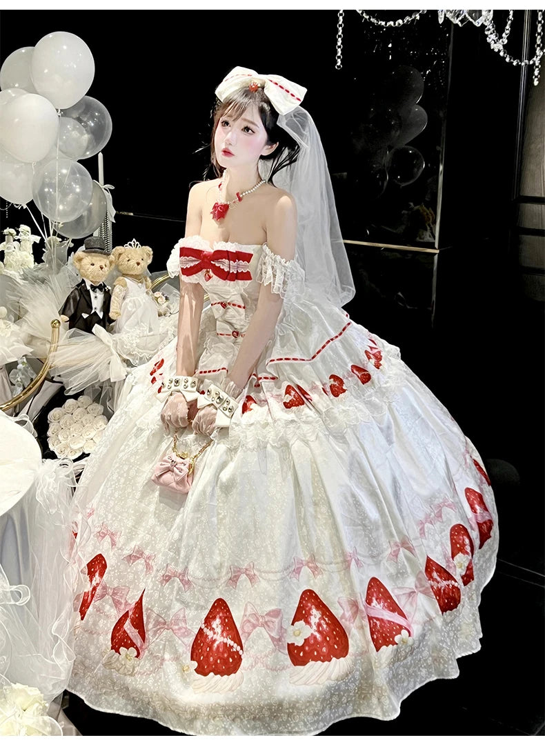 Sweet Princess Style Birthday Anniversary Wedding Dress New Lolita Cute Bow Sexy Strapless Girl Temperament Puffy Lace Dresses