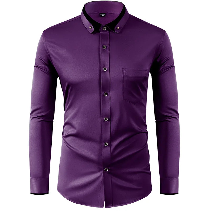 4XL Stand Up Collar Long Sleeve Shirt for Men Social Camisa Anti-wrinkle Pockets with Diamond Button Down White Shirt Black Blue