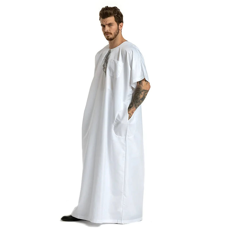 fashion muslim abayas for men embroidery round neck short sleeve full length arab fashion robes prayers clothing