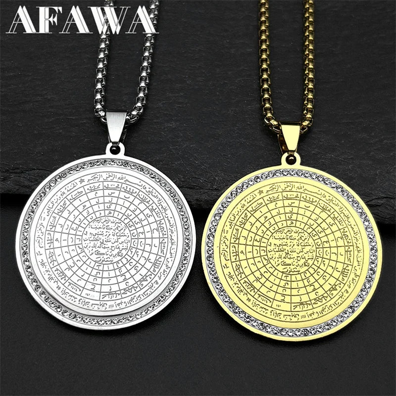 Muslim Arabic Quran Round Medal Pendant Necklace for Men Women Stainless Steel Gold Color Islamic Amulet Male Chain Jewelry