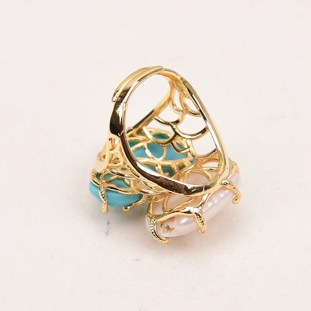 Natural White Pearl Blue Turquoise Stone Rings Adjustable Jewelry Gifts