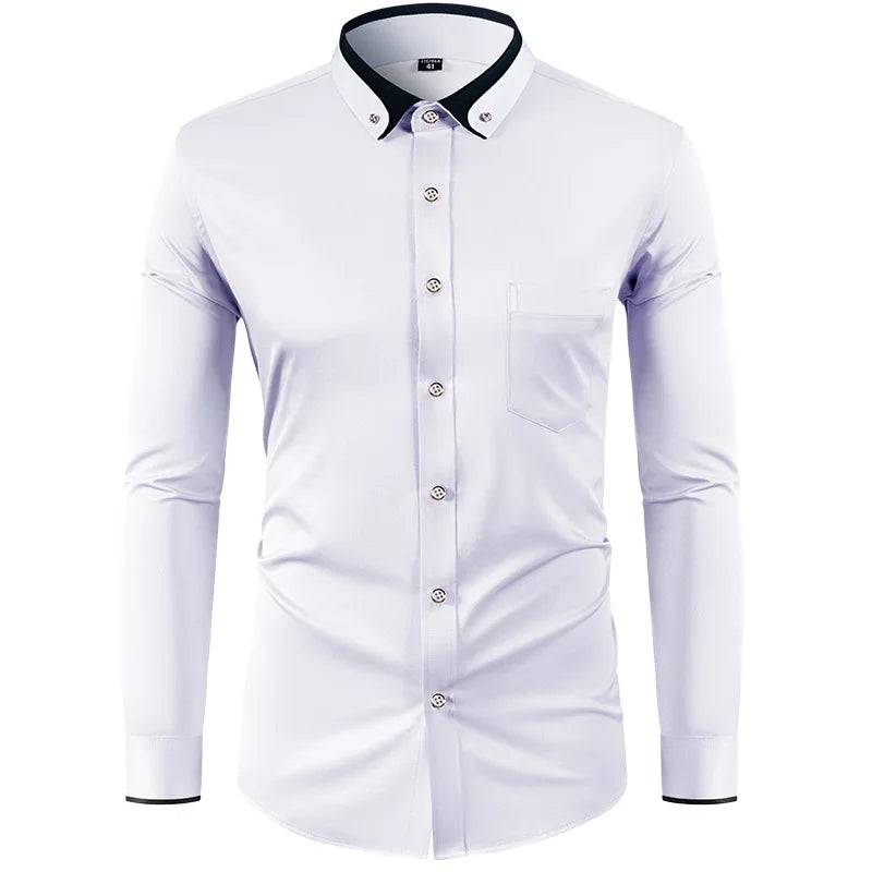 4XL Stand Up Collar Long Sleeve Shirt for Men Social Camisa Anti-wrinkle Pockets with Diamond Button Down White Shirt Black Blue