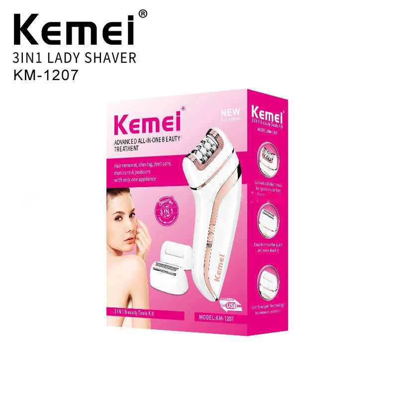 Original Kemei 3in1 Epilator Electric Epilator Facial Body Ladies Legs Bikini Legs Arms Underarm Epilator Rechargeable.