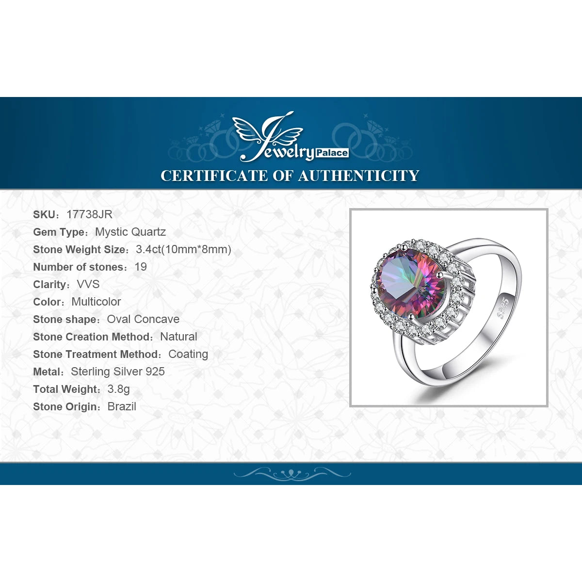 JewelryPalace 3.4ct Natural Mystic Rainbow Quartz 925 Sterling Silver Halo Wedding Engagement Ring for Women Gift New Arrival