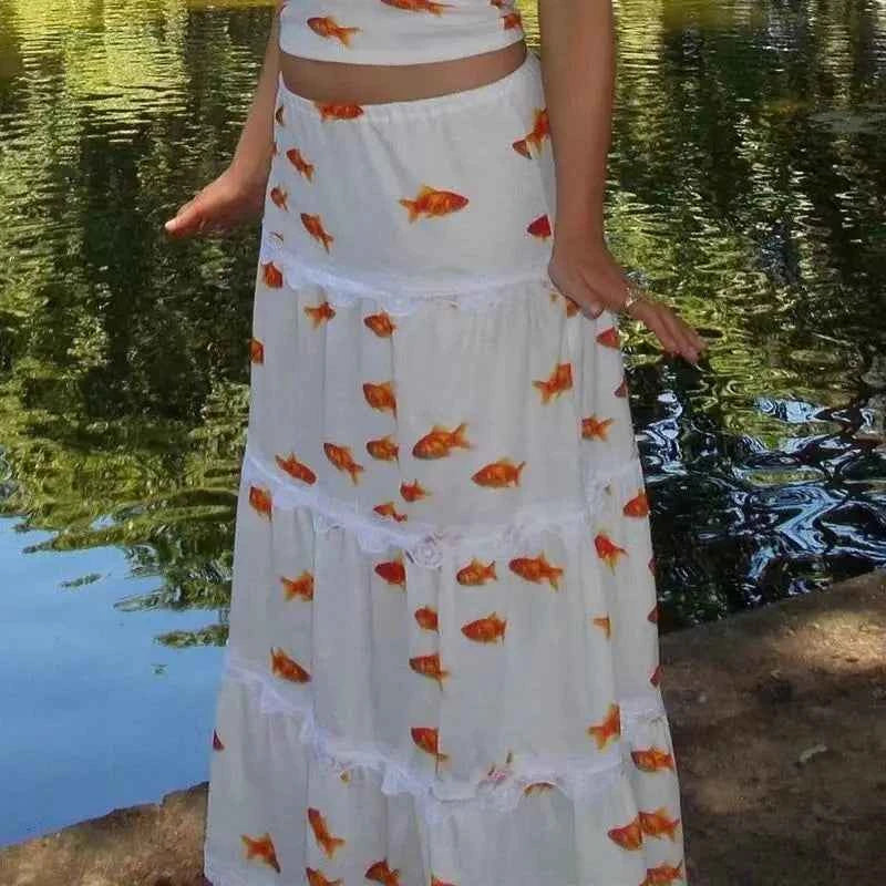 Korejpaa Spicy Girl Vintage Skirts Y2K Clothes Cute Goldfish Printed Midi Skirt Women High Waist Lace Splicing Cake Kawaii Skirt